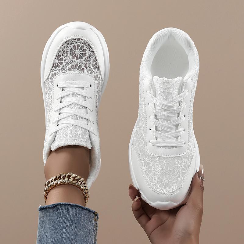 TUINANLE Bequeme Damen weiße flache Schuhe Spitzendesign Atmungsaktiv Leichtgewichtige Freizeit-Sneaker