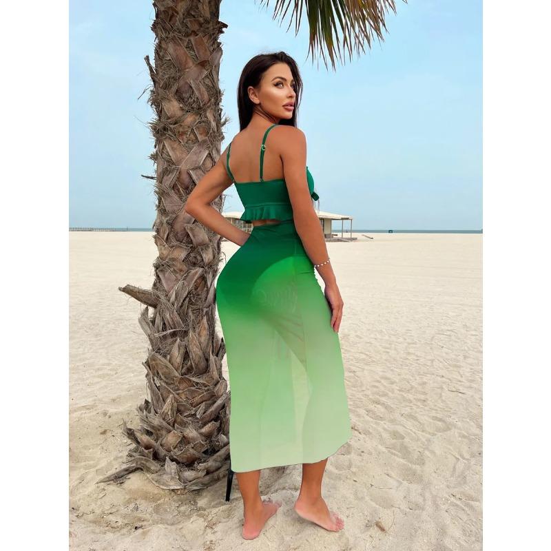 New Split Three-piece Conservative Bikini Skirt Mesh Sexy European and American Style Swimsuit