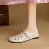 Fashion New Women's Genuine Leather Cowhide Breathable Perforated Metal Belt Buckle with a Middle Heel and Toe Cover, M Ü Ller Slippers