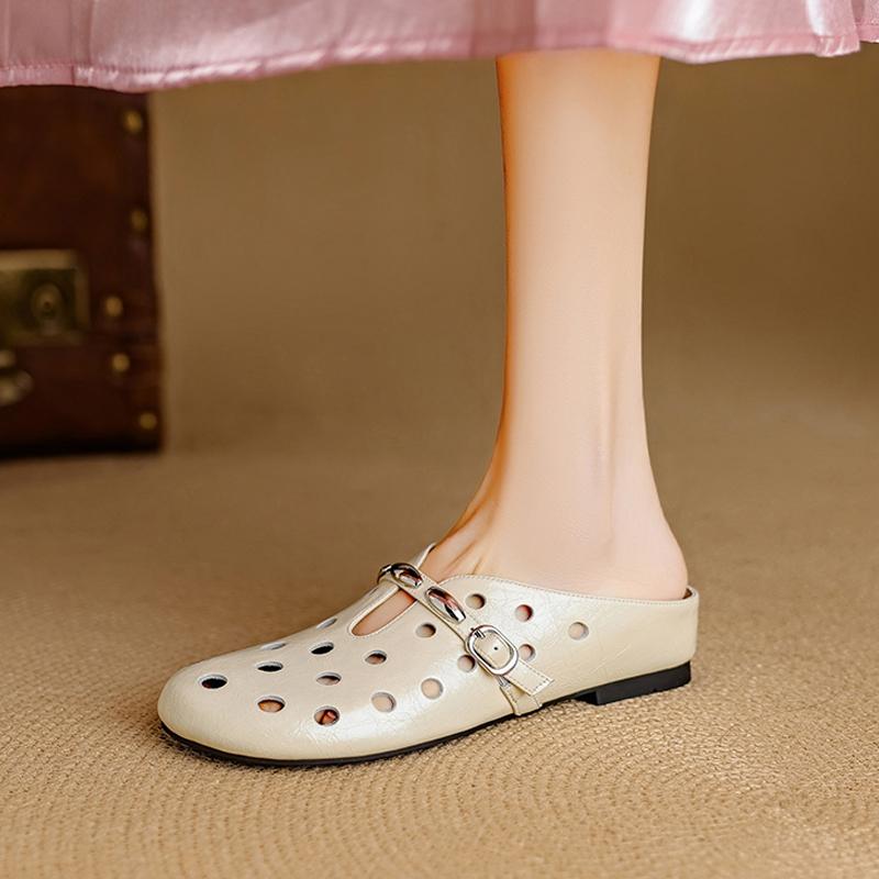 Fashion New Women's Genuine Leather Cowhide Breathable Perforated Metal Belt Buckle with a Middle Heel and Toe Cover, M Ü Ller Slippers
