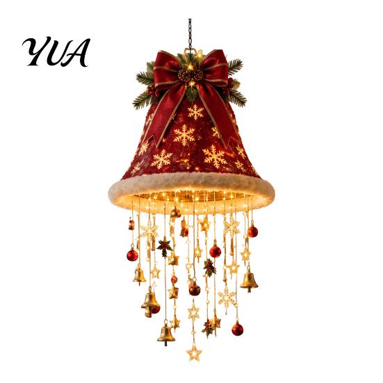 Staggered Light Pendant Lighted Christmas Ceiling Hanging Decor, Pre-Lit Tree Bell with LED Warm LED, Porch Doorway Holiday Ornament, Indoor