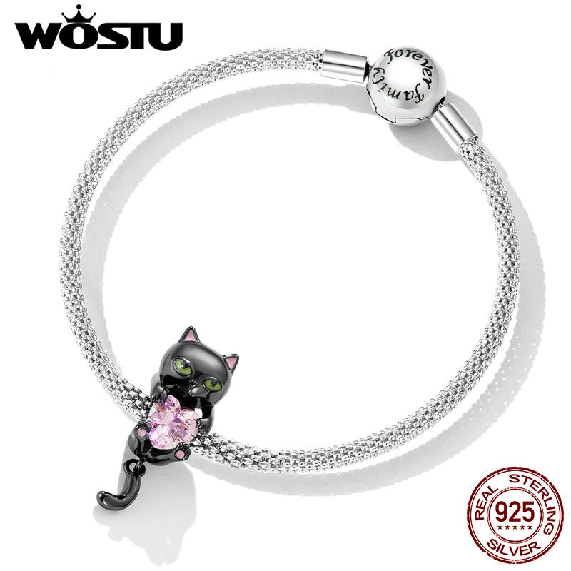 WOSTU 925 Sterling Sølv Søt Liten Svart Cat Charms Perler Rosa Hjerte Zircon For Women Passer Originalt DIY armbånd Smykkegaver