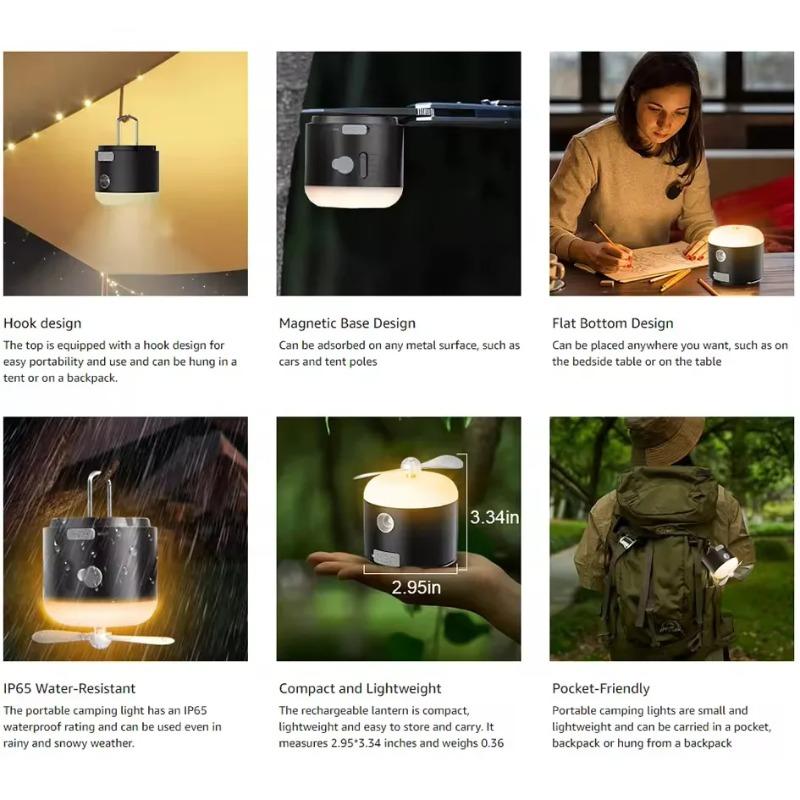 2-in-1 Camping Tent Light With Fan 4 Lighting Modes Spray Function IPX7 Waterproof Rechargeable Mini Light LED Camping Lantern