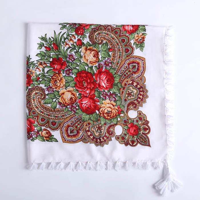90*90CM Women Russian Style Peony Floral Printed Long Tassel Large Square Scarf Warm Wrap Traditional Ethnic Mexican Shawl