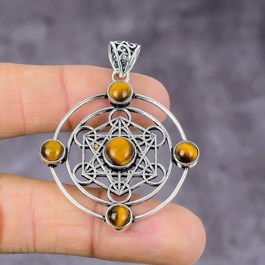 Natural Tiger Eye Gemstone Handmade 925 Sterling Silver Pendant 2.17" T6b41