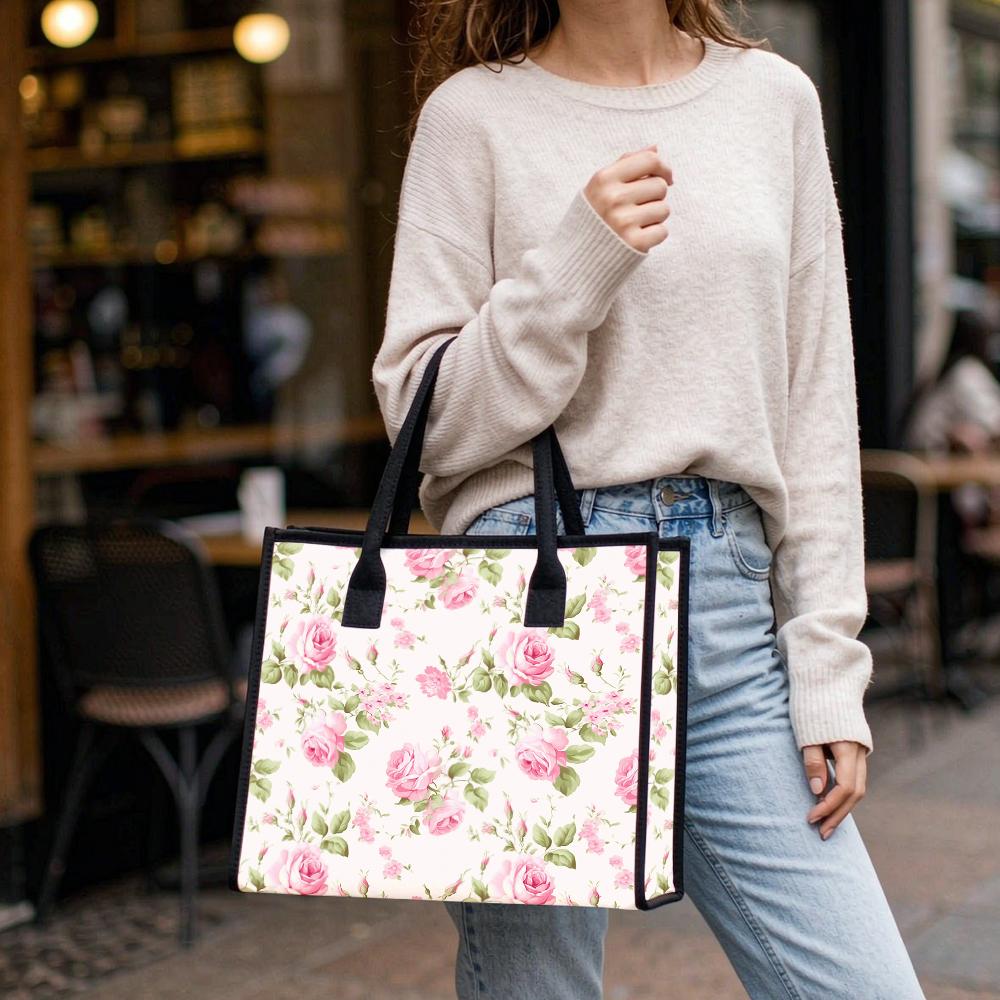 Elegant Pink Rose Print Tote Bag Fashion Casual Large Capacity Portable Canvas Handbag for Daily Shopping