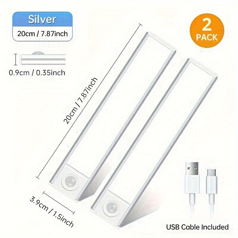 

2 шт. Датчик движения подсветка под шкафом, 3 цветовых температуры беспроводной USB перезаряжаемый ночник, внутреннее освещение шкафа, наклеивается в любом месте (2Pack)20cm/7.87inch-Silvery