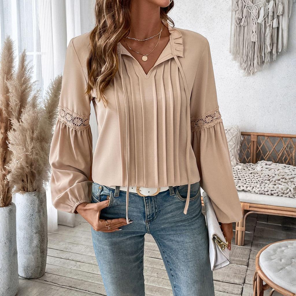 Women's Fashion Casual Lace V-Neck Solid Color Long Sleeve Pleated Shirt Women's T-Shirt Top