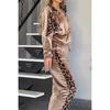 Damen Frühling und Herbst Vier Jahreszeiten Oberteil mit langen Ärmeln Reißverschluss Leopardenmuster + Hose Zweiteiliges Set