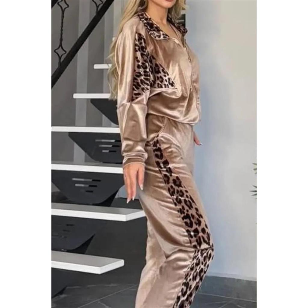 Women's Spring and Autumn Four Seasons Top with Long Sleeves Zipper Leopard Print + Trousers Two-piece Set