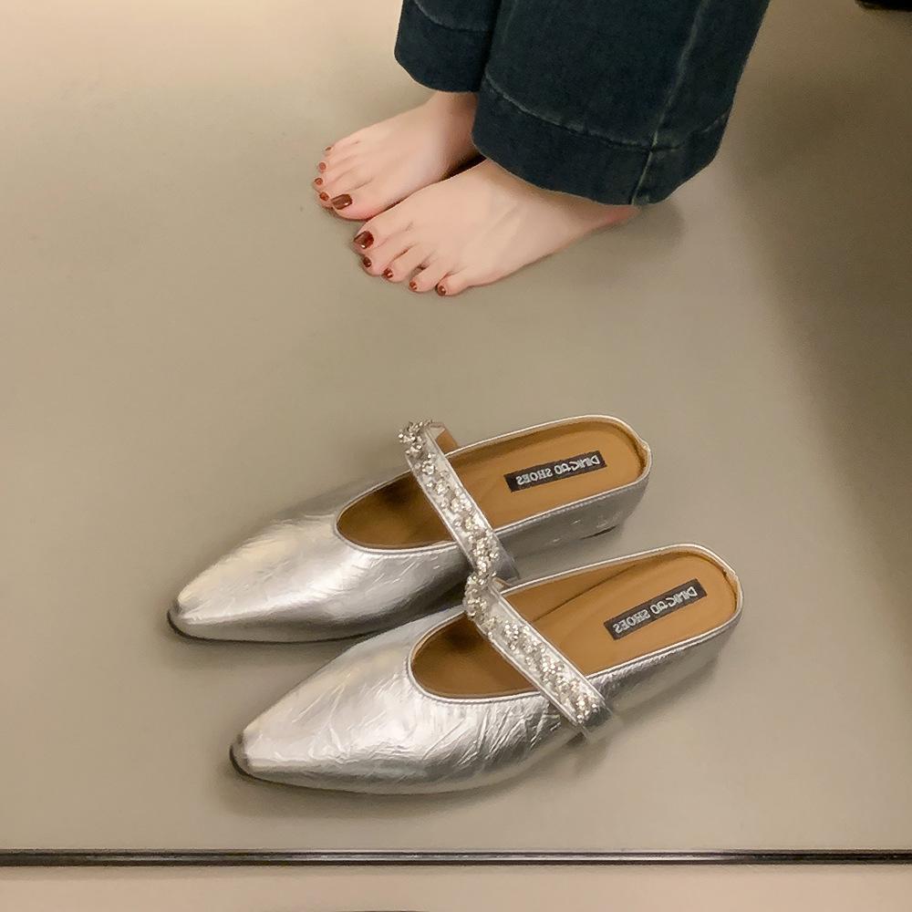 French Outer Wear Niche Rhinestone Bag Head Half Slippers Women's Shoes 2025 New Summer Height Increase Muller Cool Slippers