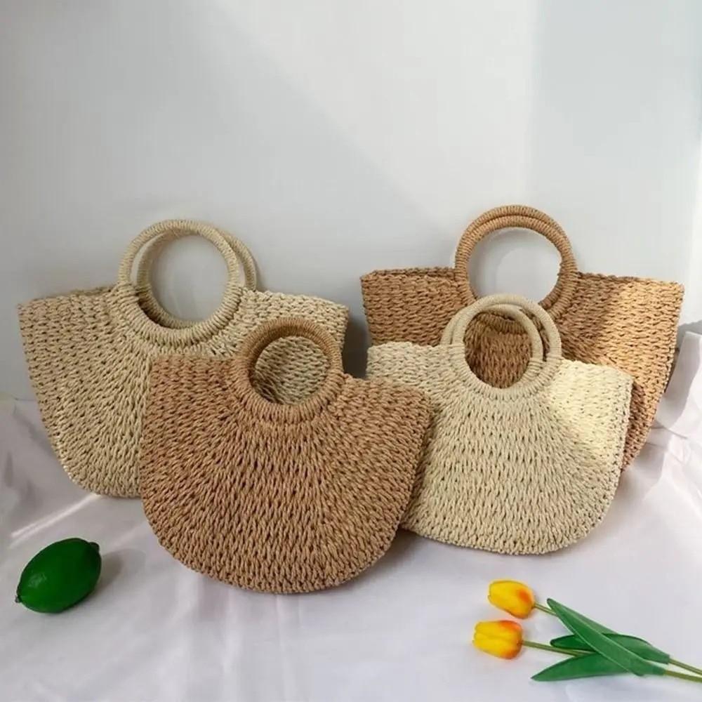 Large Capacity Straw Woven Handbag Half-Moon Shape Simple Shopping Bag Female