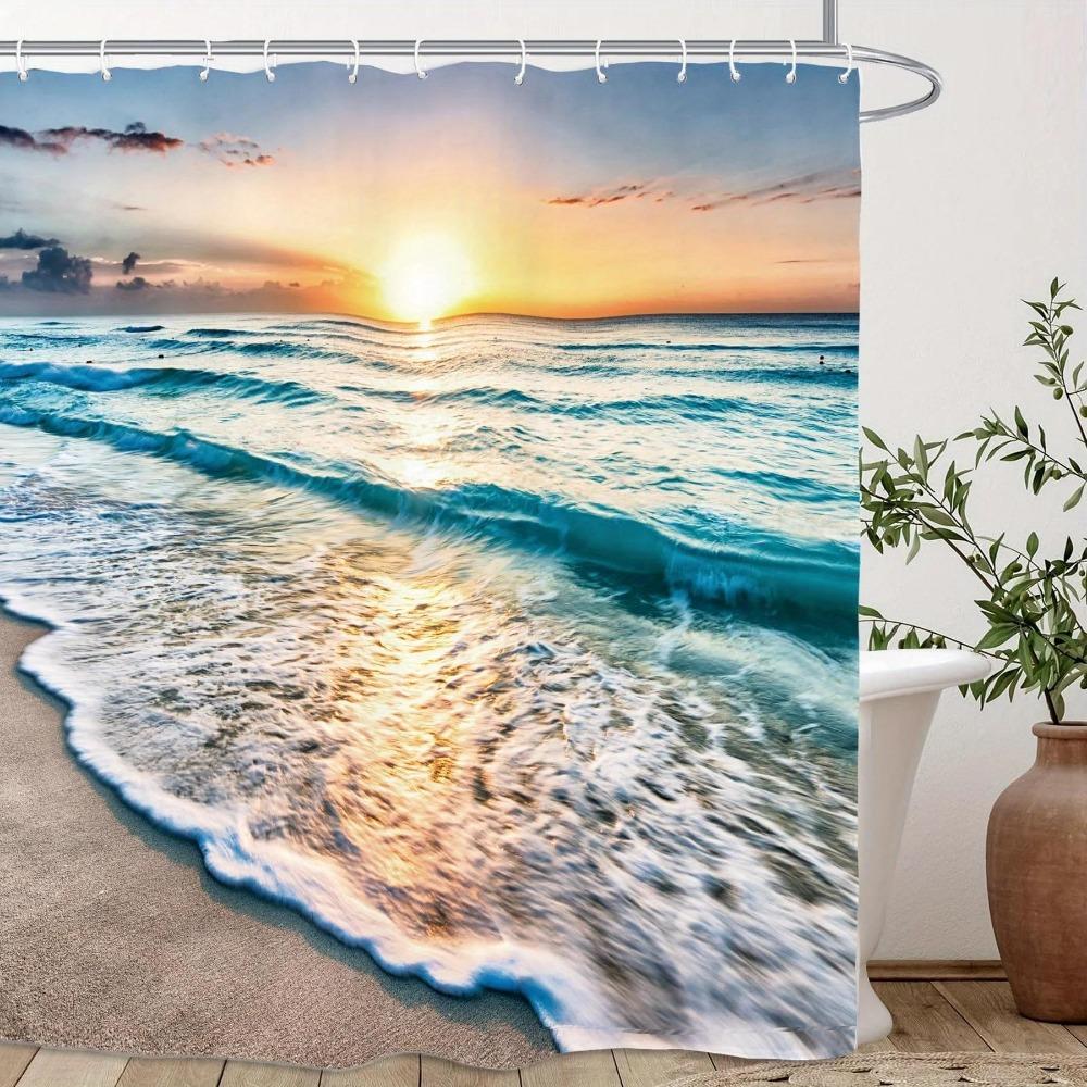 1pc Ocean Sunset Shower Curtain - Vibrant Beach Scene Print,  Perfect for Coastal Bathrooms, Ocean Scene Design