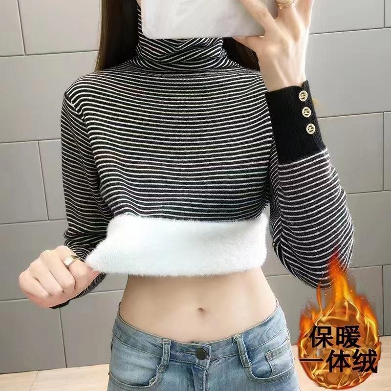 

Green significant other integrated fleece striped bottoming shirt women s autumn and winter new inner knitted sweater pile collar fleece One Size чёрный