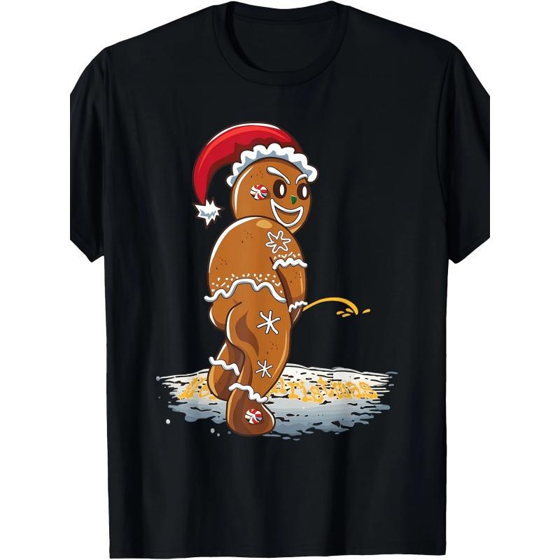 Men'S Funny Naughty Gingerbread for Man Christmas T-Shirt - 220GSM Heavyweight Black Relaxed Fit Short Sleeve Tee with Gingerbread Cookie & Candy
