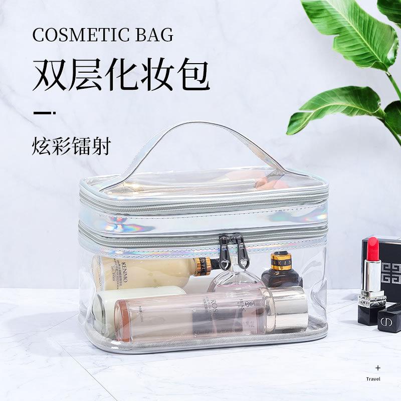 Ins Transparent Double Layer Makeup Bag Colorful Laser Large Capacity Cosmetic Bags Pouch PVC Waterproof Make Up Organizer Bag