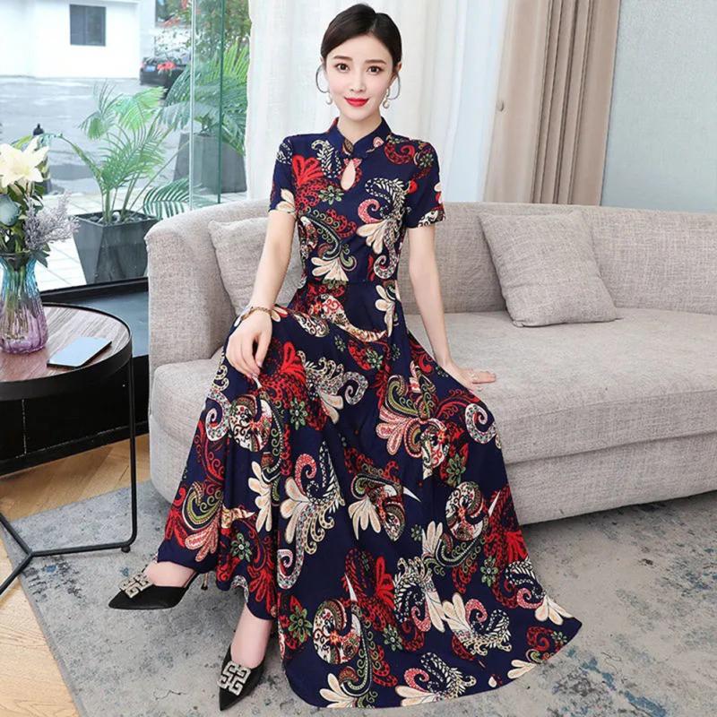 Women Cheongsam Dress Hollowed Stand-up Collar Short Sleeve High Waist Retro Ethnic Printing Skirt