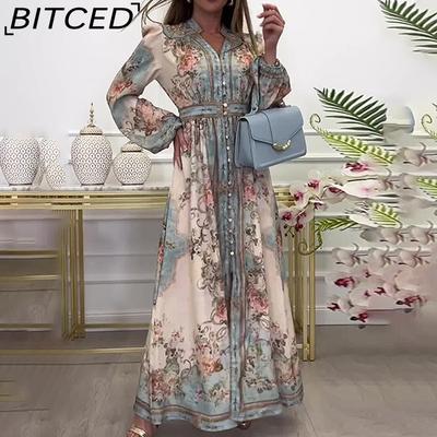 Frühlings Damen bedrucktes Laternenärmel figurbetontes Langarmkleid mit langem Rock