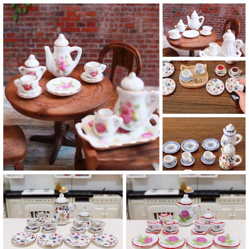 15Pcs Miniature Porcelain Tableware Kitchen Dollhouse Teapot  Miniature Ornaments