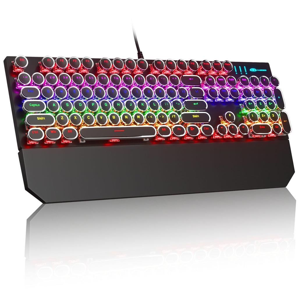 MageGee Typewriter Mechanical Gaming Keyboard, Retro Black Punk Round Keycaps, RGB Rainbow Backlit Wired Keyboard for Laptop, Mac, PC, and Gamers