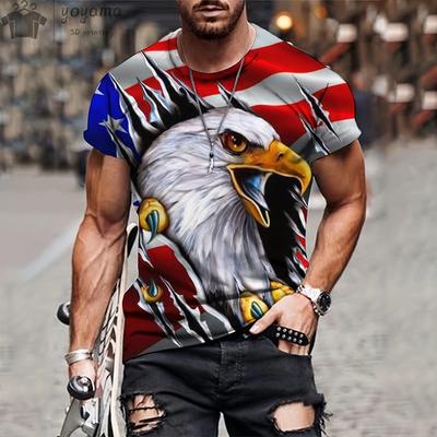 Sommar Rundhalsad 3D Amerikansk Flagga Örn Grafiskt Tryck Topp Trendiga Casual Kortärmade Herr T-shirts