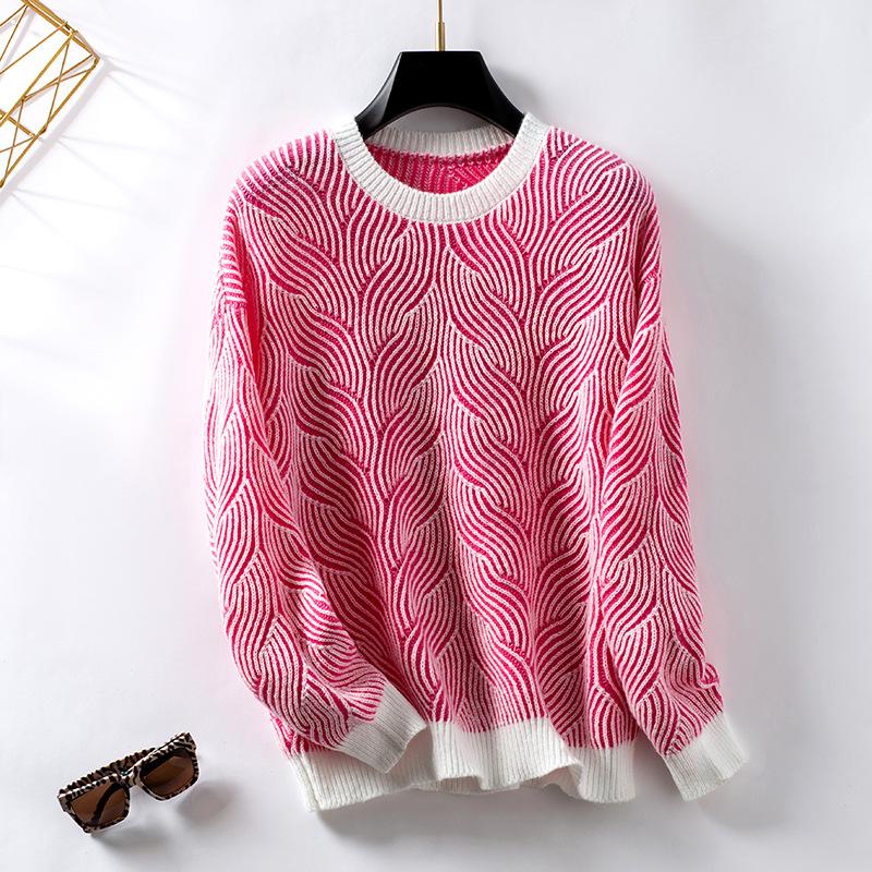 Women S Striped Color Block Knitted Sweater Loose Long Sleeve Crew Neck Casual S