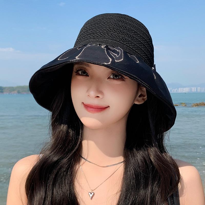 Summer hat women's fashion knitted mesh bucket hat summer sunshade sun hat empty top bow