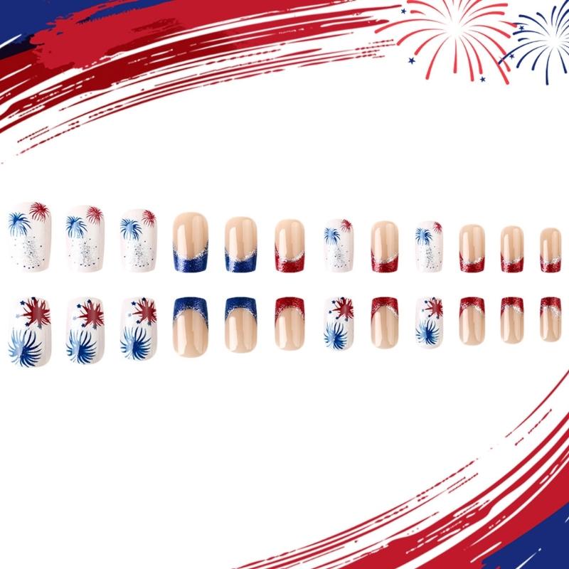 4th of July Press on Nail Square French Tip Fake Nail Independence False Nail with American Flag Star Stick on Nail