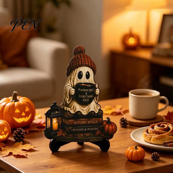 Cute Ghost Figurine Halloween Reading Figurine, Wooden Desktop Ornaments, Vintage Style Window Ornaments Statue with Stand for Home Tabletop Fireplace