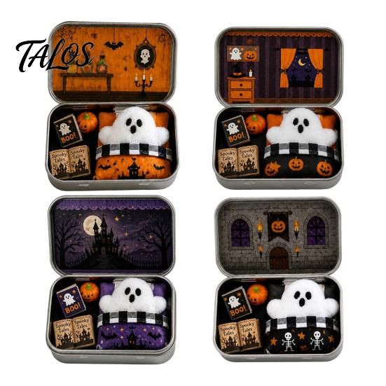Halloween Earring Holder Mini Tin Box Gift, Plush Ghost with Haunted House Figures Storage Scene, Collectible Micro Theater Gift for Kids, Party Favor