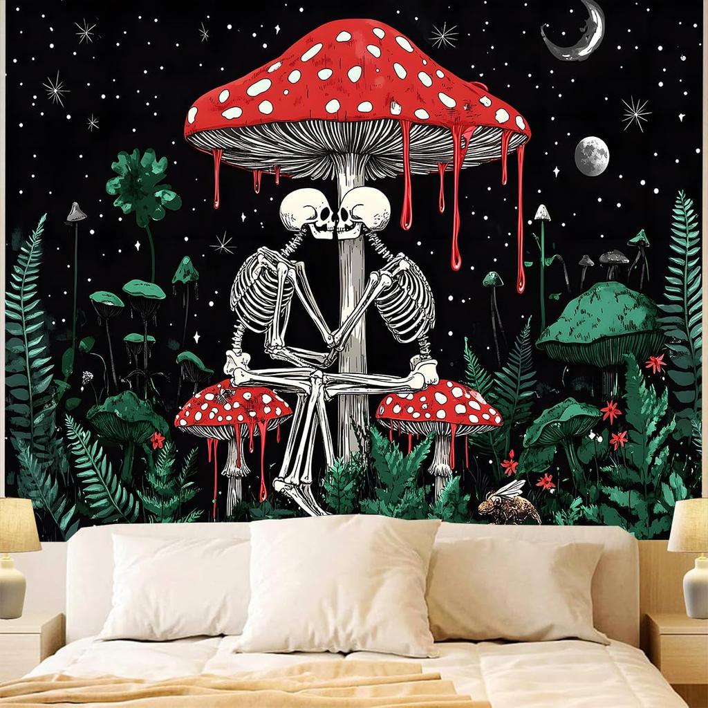 Cartoon Skull Floral Tapestry, Mushroom Leaves Skeleton Goth Garden Aesthetic Tapestries For Bedroom Game Room College