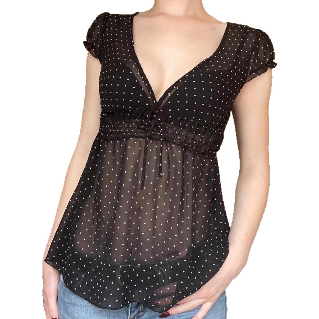 Korean Style Sheer Polka Dot V-Neck Mesh Top with Waist-Cinching Short Sleeves