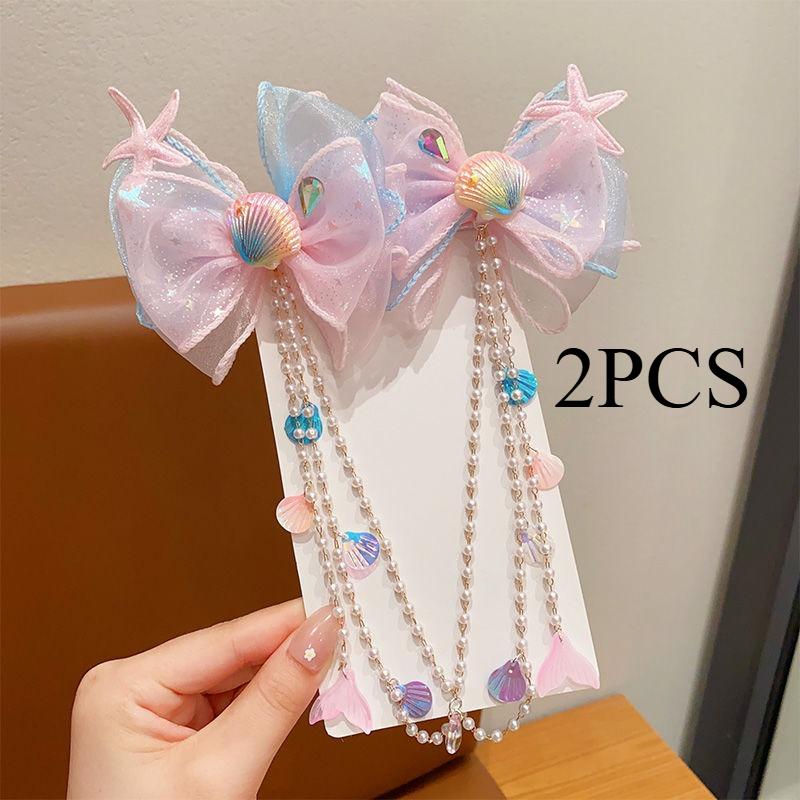1/2PCS. Girls' Mermaid Hair Accessories: Dreamy Forehead Chains, Princess Tassel Clips & Shell Ear Cuffs,  Adorable  Ornaments