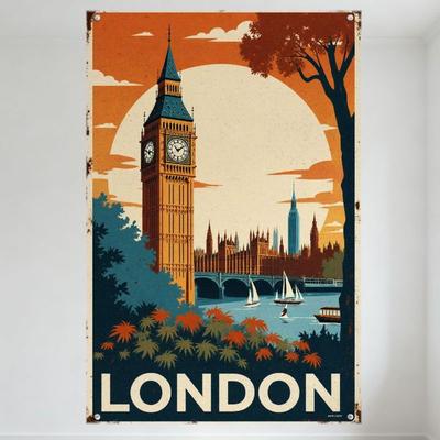 Cartello in Latta Metallico Vintage London Travel, Torre di Elisabetta (Grande ben) & Illustrazione del Palazzo di Westminster, Sfondo Retrò Metà del XX Secolo