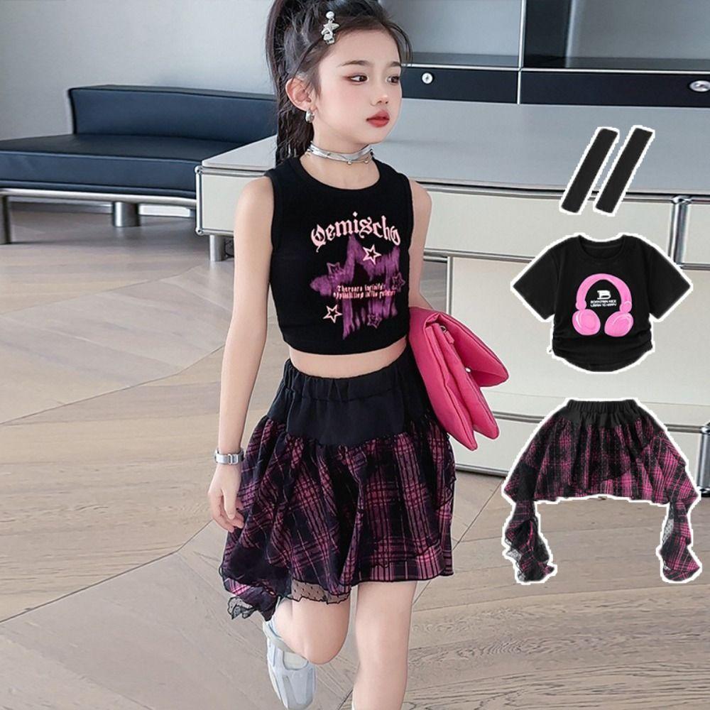 Jazz Children Dance Costume Streetwear T-shirt Plaid Skirt Set Fashion Y2k Outfits Suit  Stage