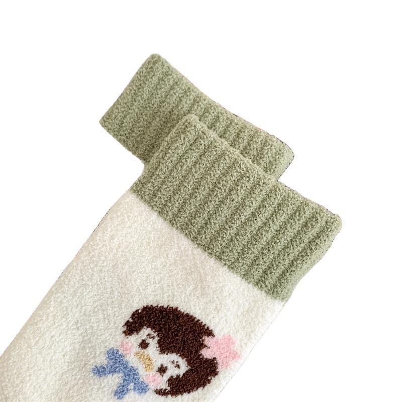 2 Pairs of Autumn and Winter Color-blocking Mid-calf Socks for Women, Thickened Warm Cartoon Cute Cotton Socks, Versatile Pile Socks