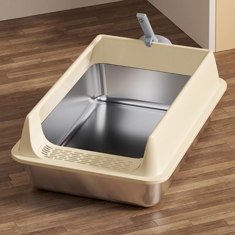 Large Half Enclosed Cats Litter Pan Stainless Steel AntiSplash Design Ventilation Litter Tray for Indoor Outdoor Cats