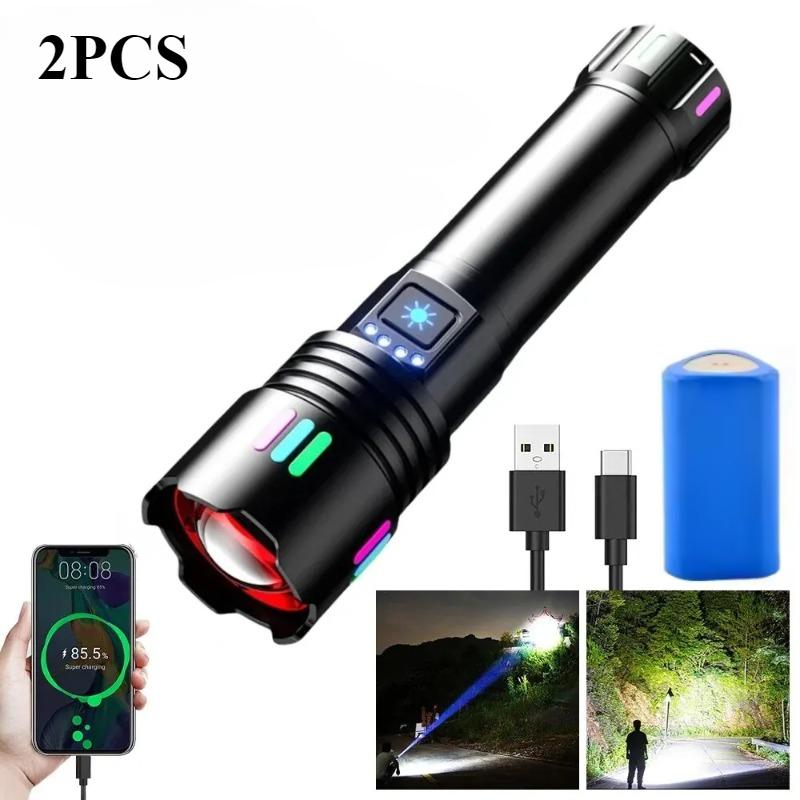 High Power White Laser Flashlight with Luminous  Strips  TYPE-C Rechargeable Zoomable Camping Lamp With Battery Indicator