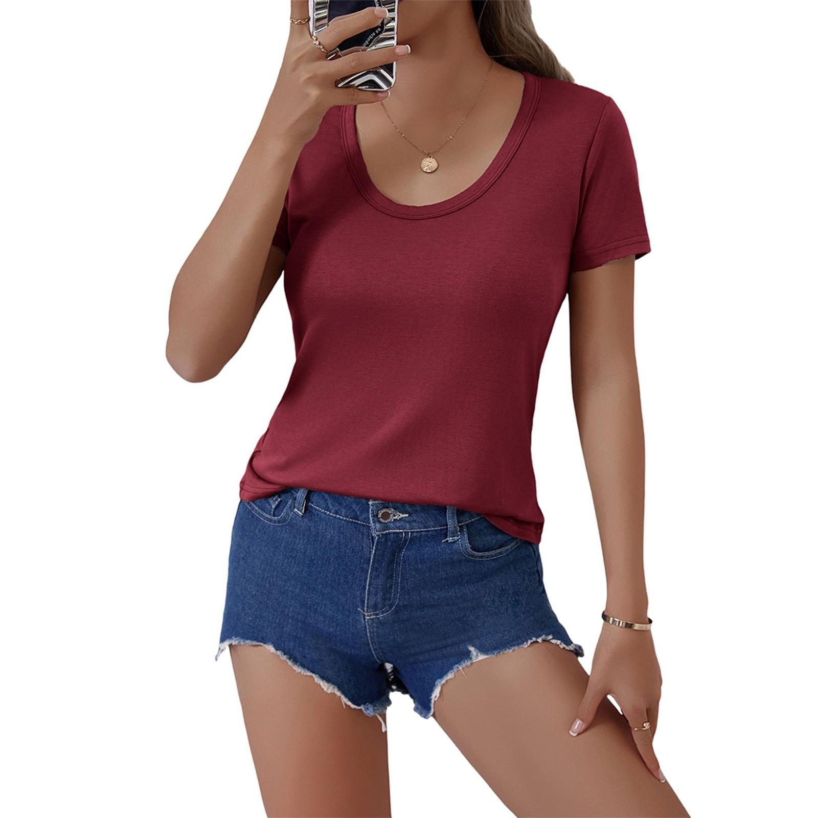

Женская мода однотонный U-образный вырез с короткими рукавами пуловер повседневная футболка топ XL винный