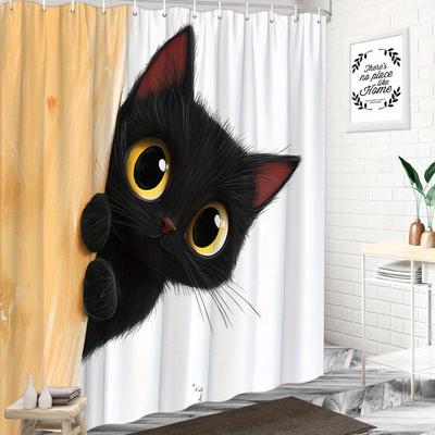 Cute Black Cat Shower Curtain Cat Peeking from Door Cartoon Art Pet Lover Decor Waterproof Fabric Bath Curtain Set Home Style