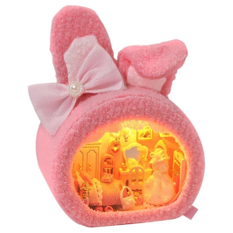 DIY Miniature House Kit, DIY Furry Bear Dolls House Kit, Mini Wooden House Building Kit with LED Light, Halloween/Christmas/Birthday Gifts