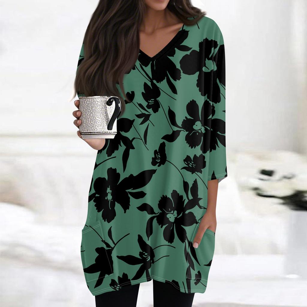 Damen Casual V-Ausschnitt 3/4 Ärmel Vintage Blumendruck Top