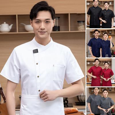 Unisex Stand Collar Short Sleeve Chef Uniform Solid Color Single Breasted Patch Pocket Restaurant Bakery Waiter Uniform
