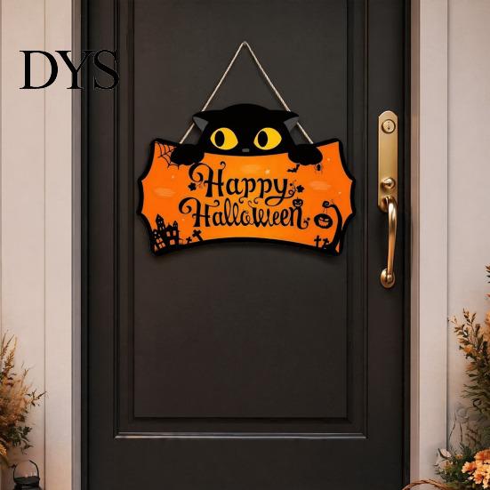 Holiday Home Wall Decorations Halloween Wooden Door Hanging Plaque, Printed Black Cat Pumpkin Castle Spider Web Front Autumn Festival Ornaments Sign,