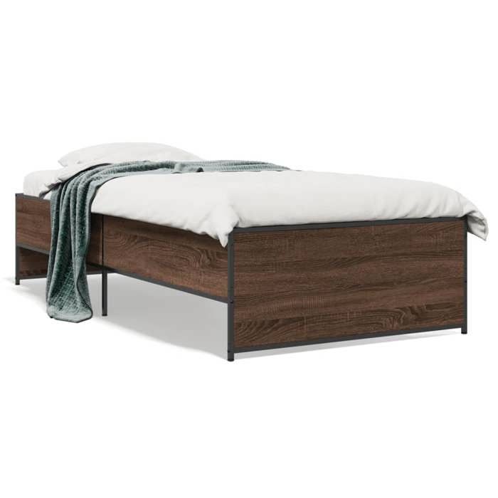 VidaXL Bed Frames Brown Oak 75x190 Cm Engineered Wood and Metal, Bedroom Furniture, Slatted Base,, Bed, Single Bed 845255