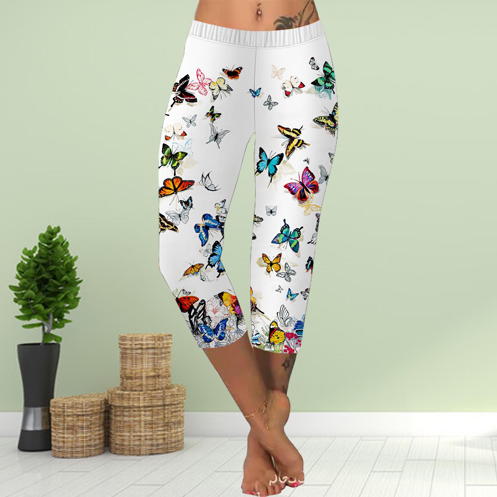 

Штани літні короткі легінси укорочені вузькі штани великих розмірів легінси жіночі тонкі білі штани з принтом метеликів та квітів 3D XS білий