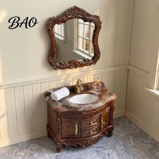 Miniature Bathroom Furniture Doll Mansion Sink Cabinet with Vanity Mirror, 1/12 Scale Mirror Miniature, Tiny Victorian for House Decoration