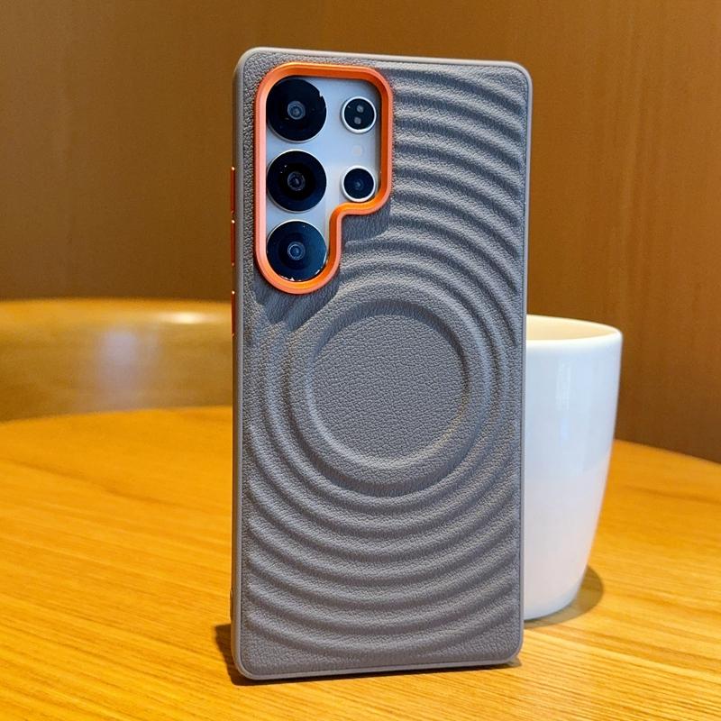 

For Galaxy S25 S24 Plus Ultra Edge Case Magnetic Ripple Pattern Leather Orange Camera Lens Frame Protection Soft TPU Back Cover Artificial leather&Galaxy S24+