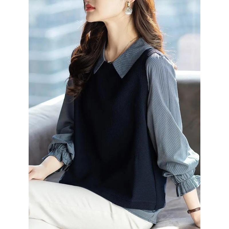 Long-sleeved Shirt for Women Spring Autumn European Loose Fake Two-piece Top Fashion Slim