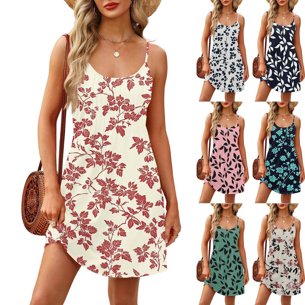 Fashion Women Summer Dress Vintage Floral Print Adjustable Spaghetti Straps Beach Vacation Casual Dress With Pockets